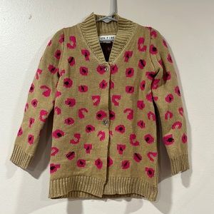 🟡 Girls Tan/Pink Leopard Print Cardigan Sweater. Size 4 (see description).